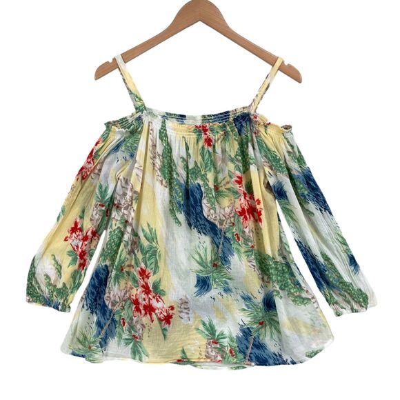 Chaps Blouse Top Womens Large Multi Tropical Print Sheer Off The Shoulder - Picture 2 of 14